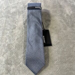 Murano Slim Tie Necktie Blue Gray Silk Linen Textured Hand Finished Minimalist